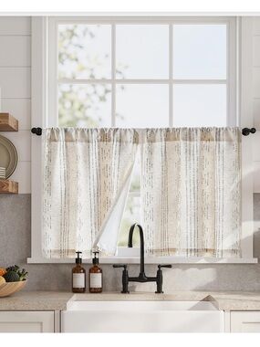 Geometric Striped Boho Curtains Half-Window Light-Filtering Beige/Gray 25W”24”L